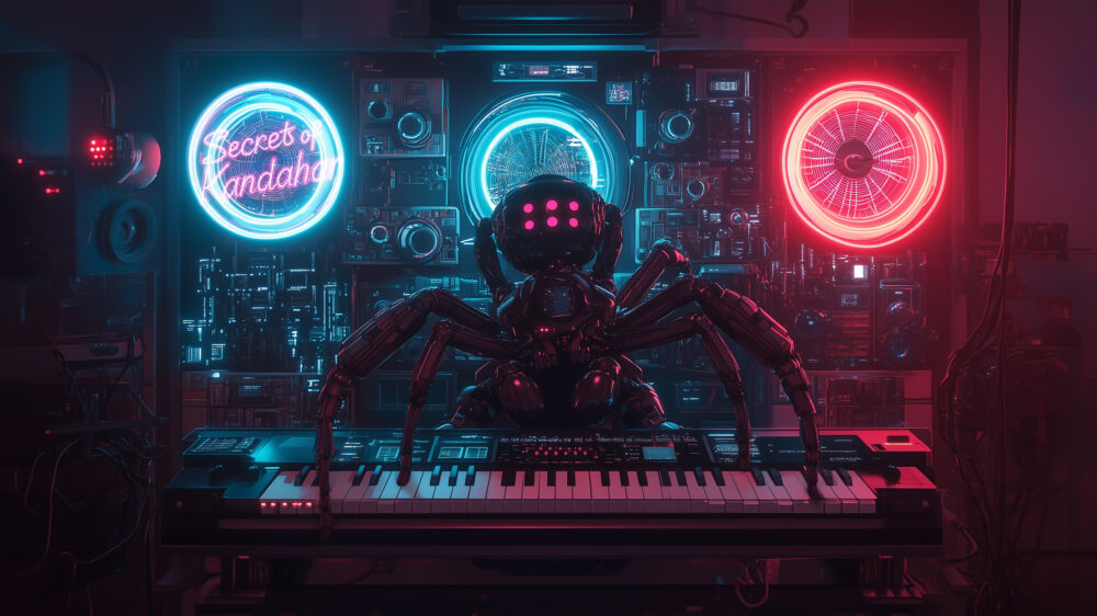 Secrets of Kandahar - Cosmic Dance - Wallpaper - Music spider playing on keyboard