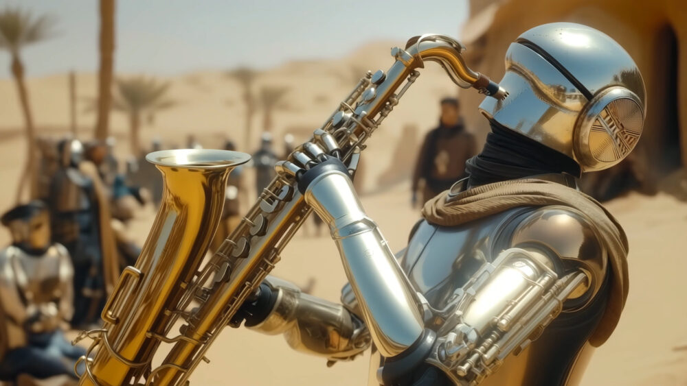 Secrets of Kandahar - Cosmic Dance - Wallpaper - Robot with saxophone
