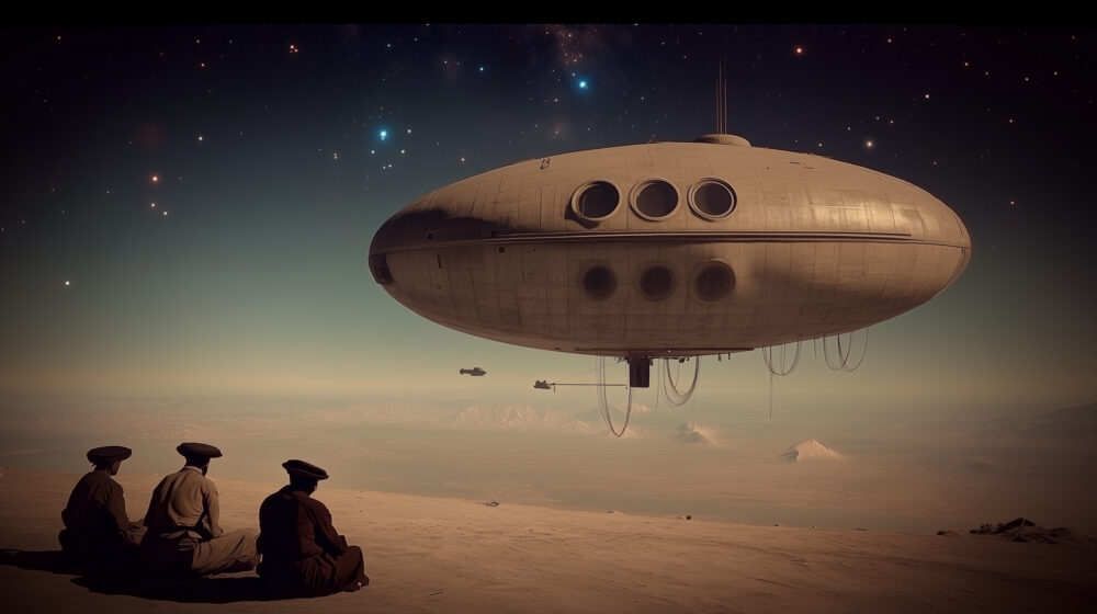 Secrets of Kandahar - Cosmic Dance - Wallpaper - Three Kandahar man with UFO baloon