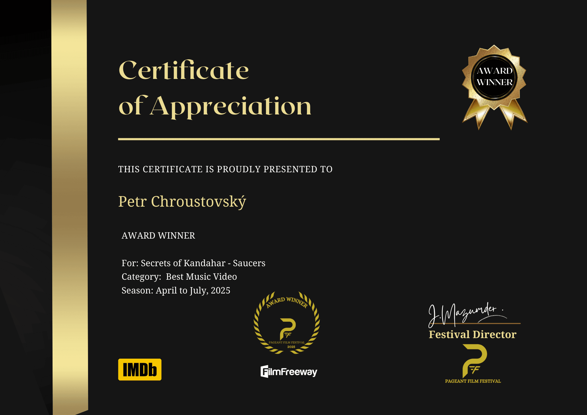 Certificate of Awards Winner Petr Chroustovsky - SOK - saucers Pageant Film Festival Award
