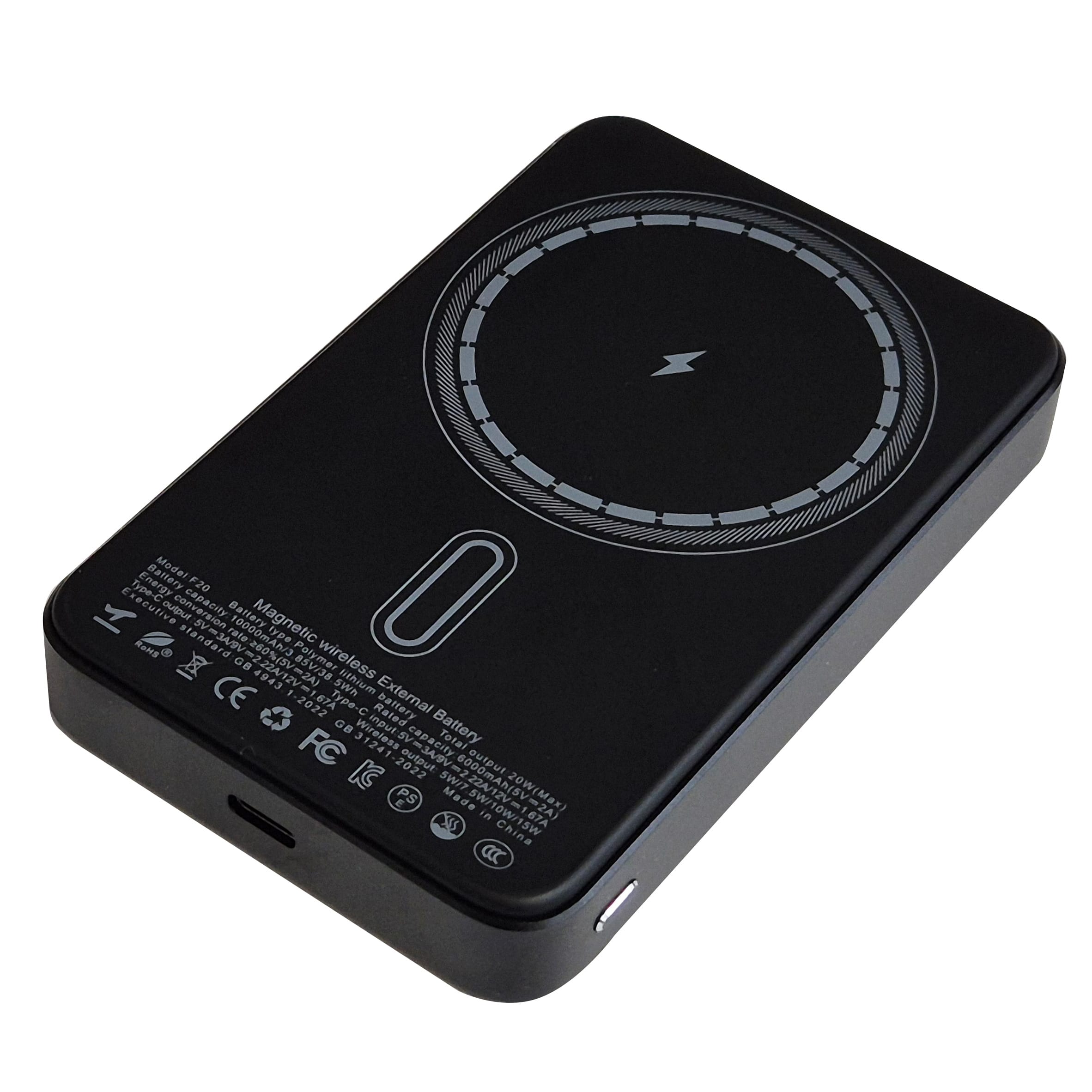 Černá bezdrátová magnetická powerbanka 10000mAh s LED displejem, tloušťka 15mm, MagSafe s USB-C