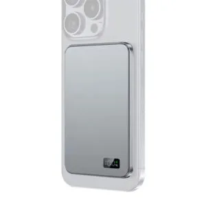 Stříbrná bezdrátová magnetická powerbanka s LED displejem, ultratenká 7mm, MagSafe kompatibilní