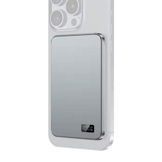 Stříbrná bezdrátová magnetická powerbanka s LED displejem, ultratenká 7mm, MagSafe kompatibilní