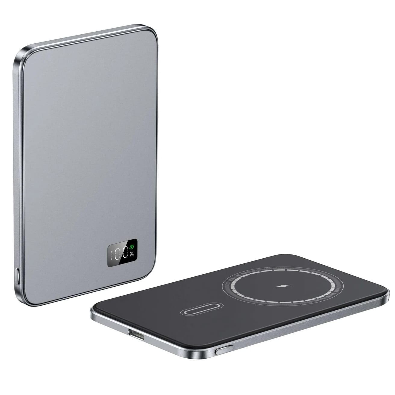 Stříbrná bezdrátová magnetická powerbanka s LED displejem, ultratenká 7mm, MagSafe kompatibilní