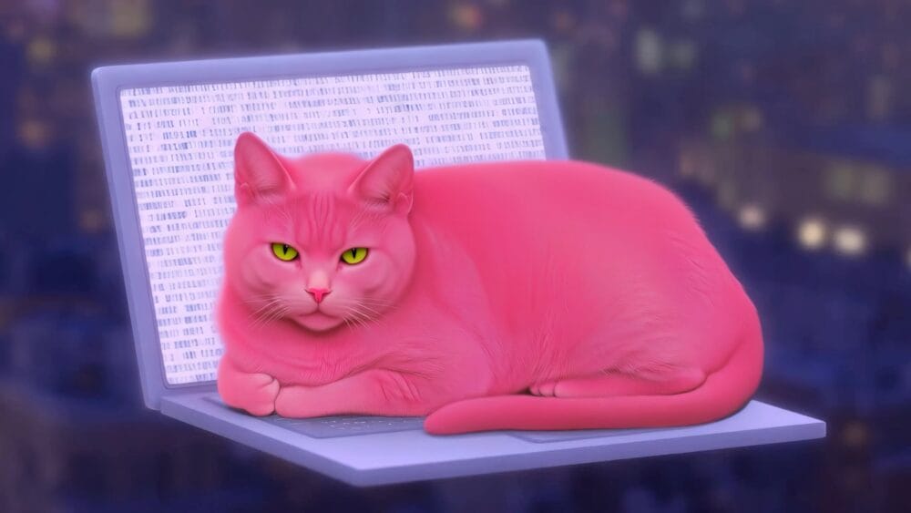 Růžová kočka u notebooku