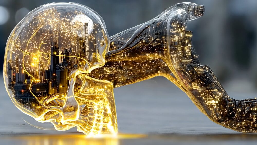 Futuristický robot s městem