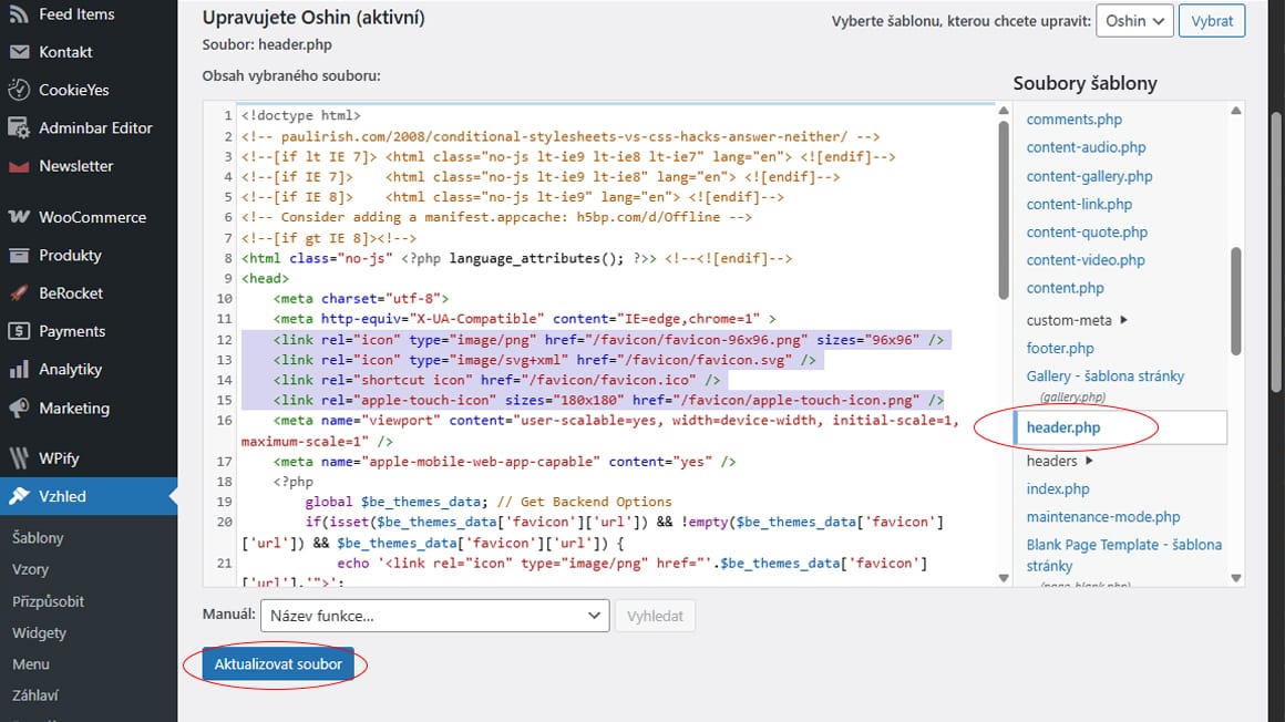 Wordpress Favicon - Editace header.php