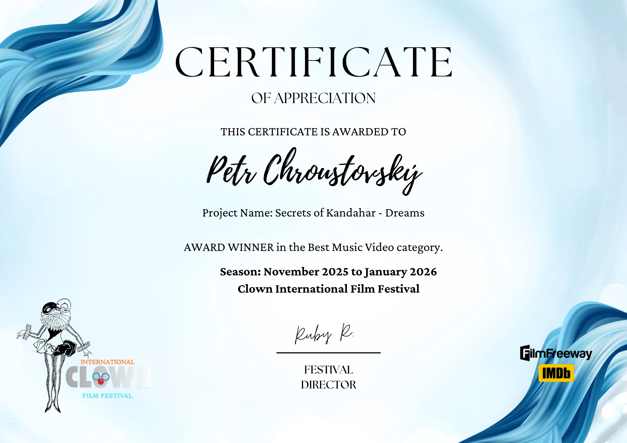 Certificate of Winner_clown-film-festival-paris Clown Internationa Film Festival - Paris - Best AI Music Video