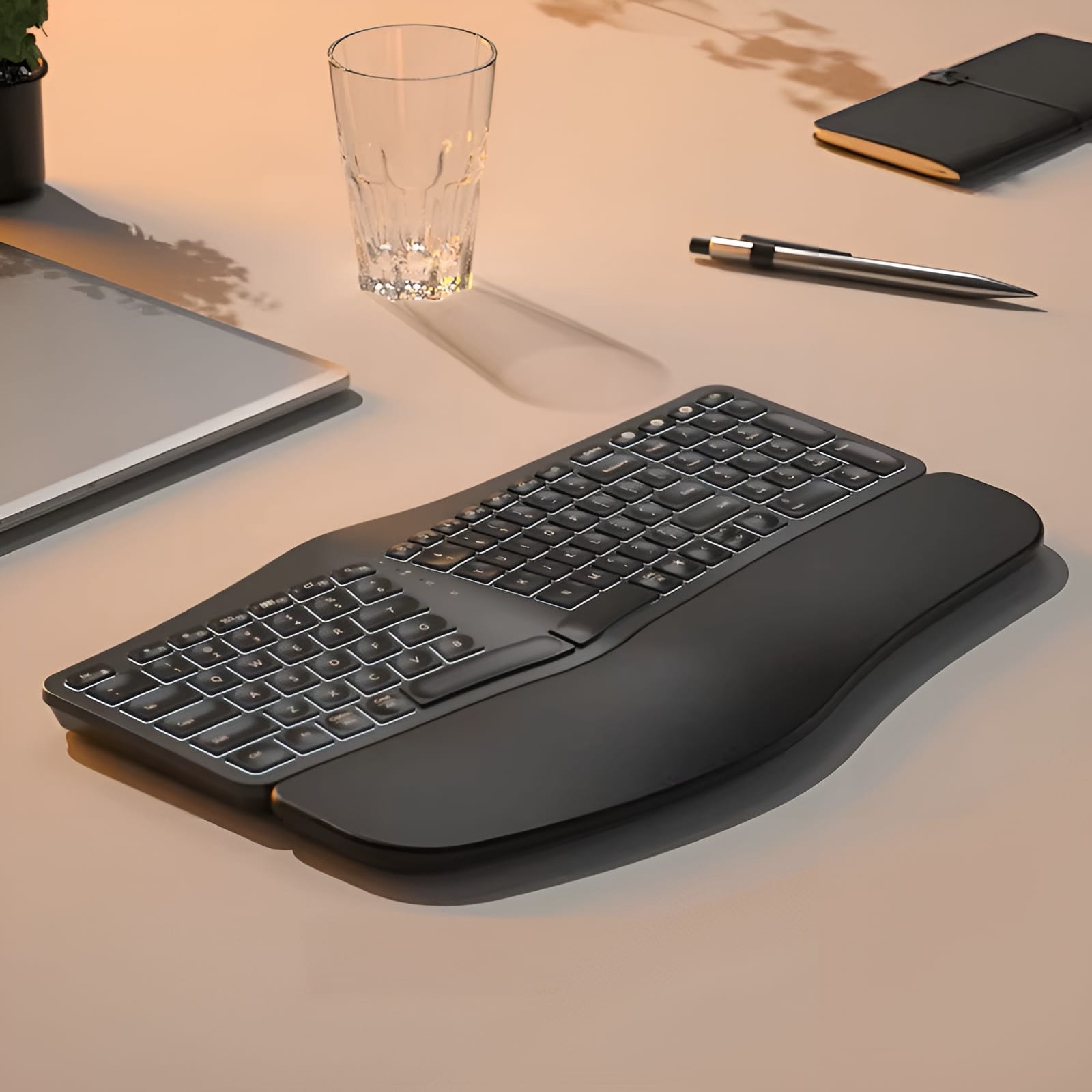 Ergonomická podsvícená bow klávesnice s opěrkou zápěstí - bezdrátová, USB-C napájení