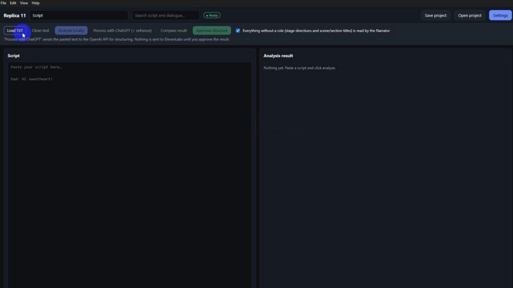 Replica11 - Script to Speech Software - screenshot step 1
