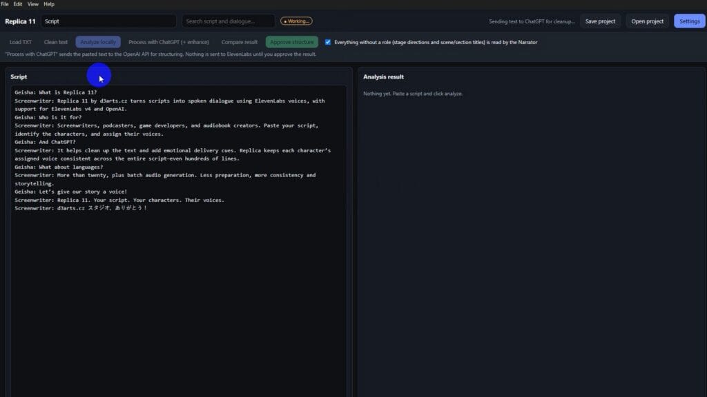 Replica11 - Script to Speech Software - screenshot step 2