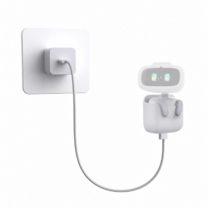 Pocket AIBI nabíječka Living AI při nabíjení; robot AIBI je poloprůhledný a není součástí balení.