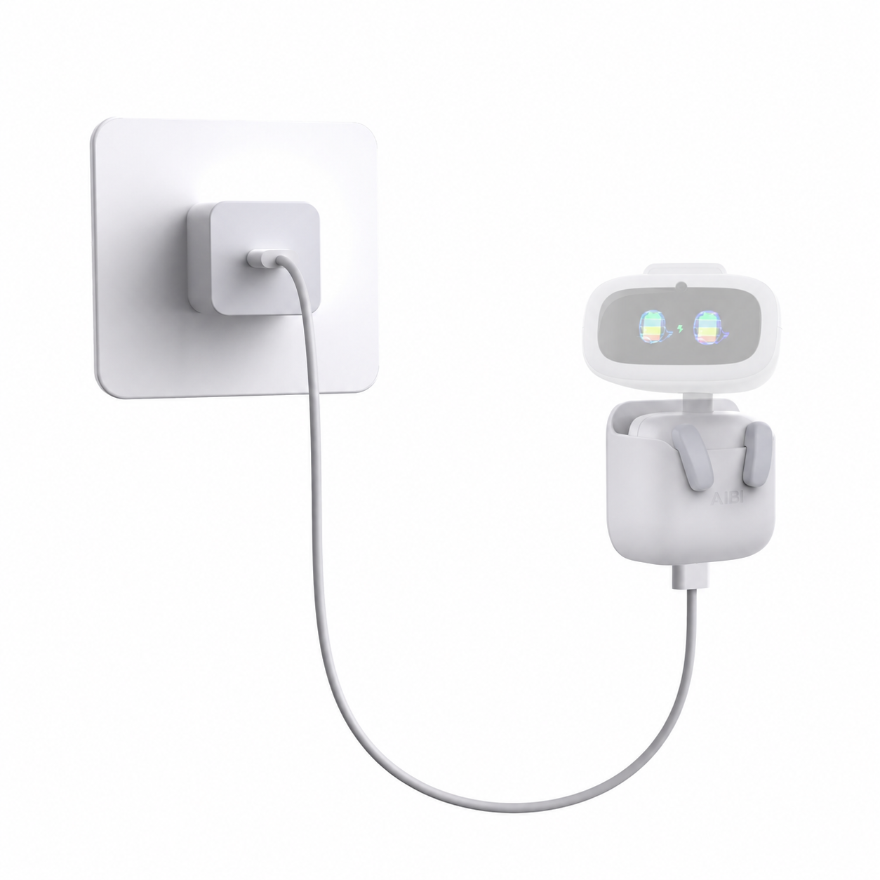 Pocket AIBI nabíječka Living AI při nabíjení; robot AIBI je poloprůhledný a není součástí balení.
