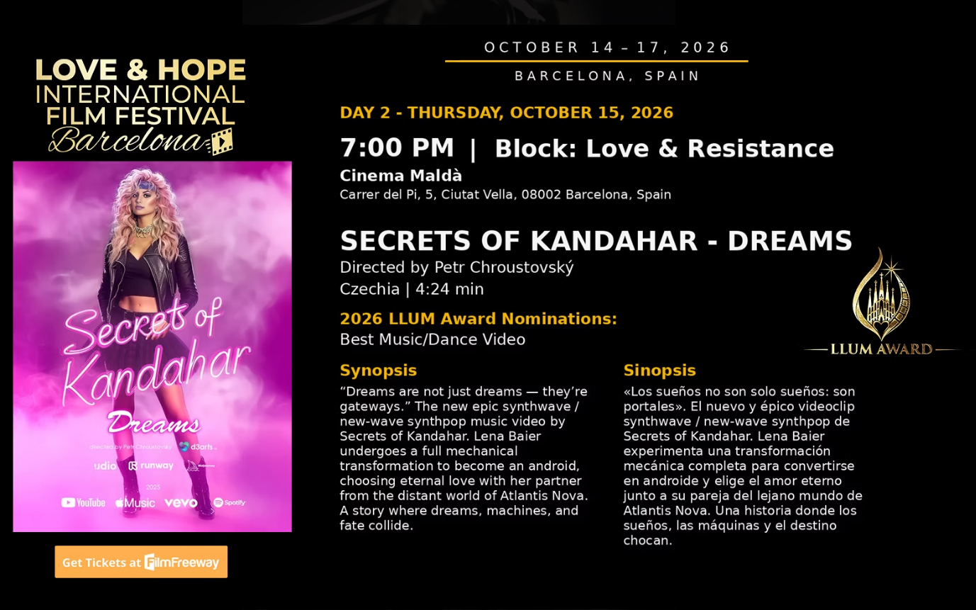 Programová karta Secrets of Kandahar – Dreams na L’HIFF 2026 s termínem projekce a nominací LLUM